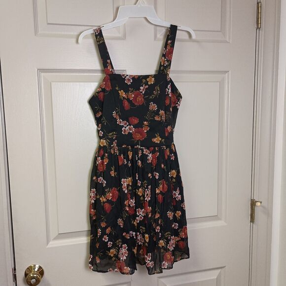 Xhilaration Dresses & Skirts - Xhilaration Womens Mini Dress Sz Small Black Floral Ruched Adjustable Strap Y2K